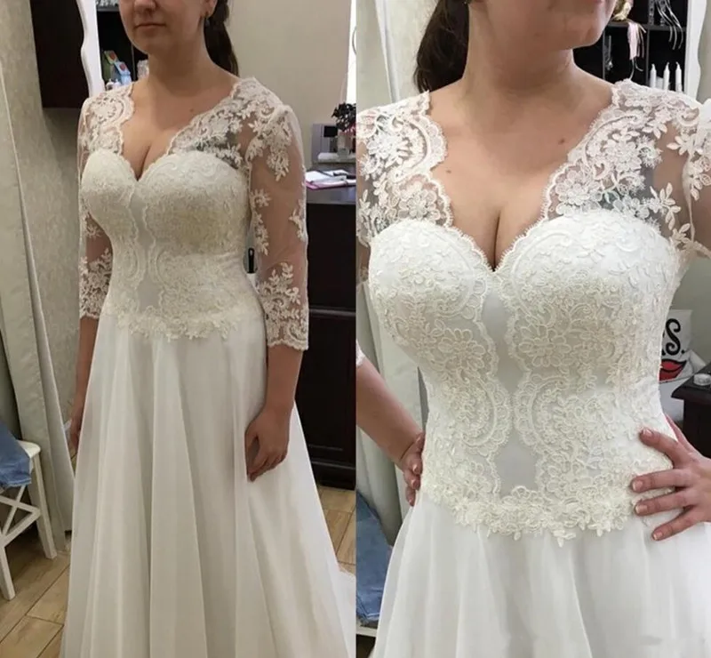 

Cheap Modest Lace Wedding Dresses with Three Quarters Sleeves V-Neck Plus Size vestido de novia Covered With Buttons New Arrival