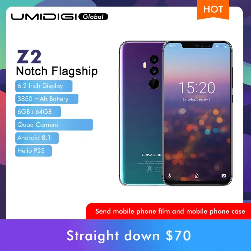 UMIDIGI Z2 глобальная версия Helio P23 6 ГБ ОЗУ 64 Гб ПЗУ 6," FHD+ полноэкранная четырехъярусная камера Android 8,1 3850 мАч Face ID 4G смартфон