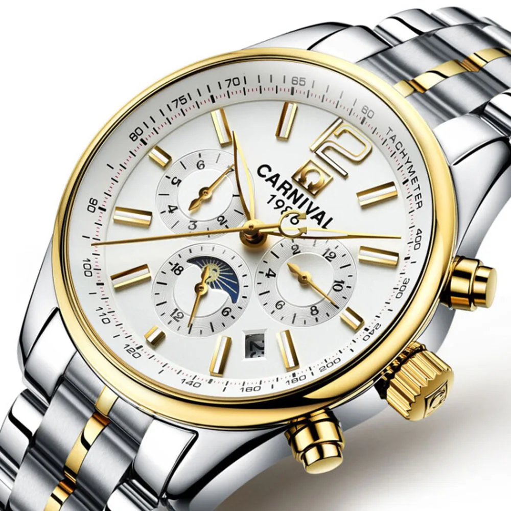 

CARNIVAL Mechanical Watch Men Moon Phase Business Luxury Sport Watches Luminous Mens Clock Stainless Steel Waterproof