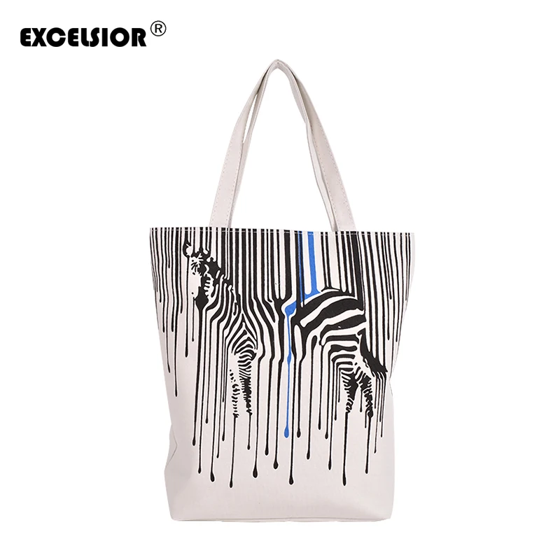 EXCELSIOR Hot Sale Canvas Women's Bags Zebra Pattern Handbags Shopping Tote Casual Reusable One Shoulder Foldable Lady Bag G0627