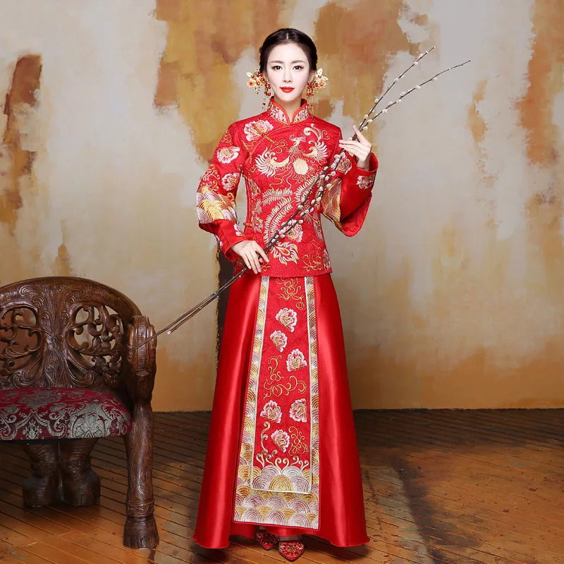 

Plus Size 3XL China Traditional Dress Wedding Qipao Long Sleeve Cheongsam Embroidery Bride Chinese Style Dress Wholesale