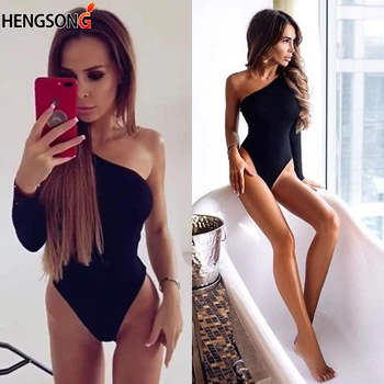 

Female summer beach wear black women bodysuit one shoulder rompers long sleeve off shoulder skinny bodycon overalls for women