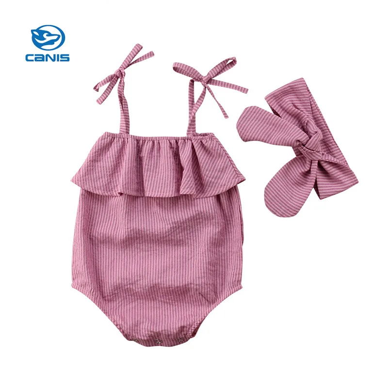 

2018 New Arrival Summer Newborn Infant Baby Girls Cotton Striped Romper Jumpsuit Bodysuit Headband Baby Girls Clothes Outfit