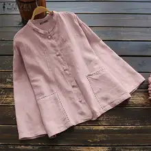 ZANZEA, Женская винтажная рубашка с отворотом, с длинным рукавом, повседневная, хлопок, лен, пуговицы для блузки, пуховики, топы, одноцветные, Blusas Robe, женский кардиган