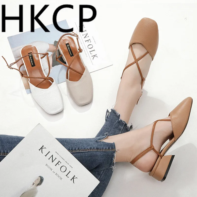 

HKCP 2019 summer Korean edition after empty grandma shoe thick heel cross sandals one word belt baotou retro fairy shoes C195