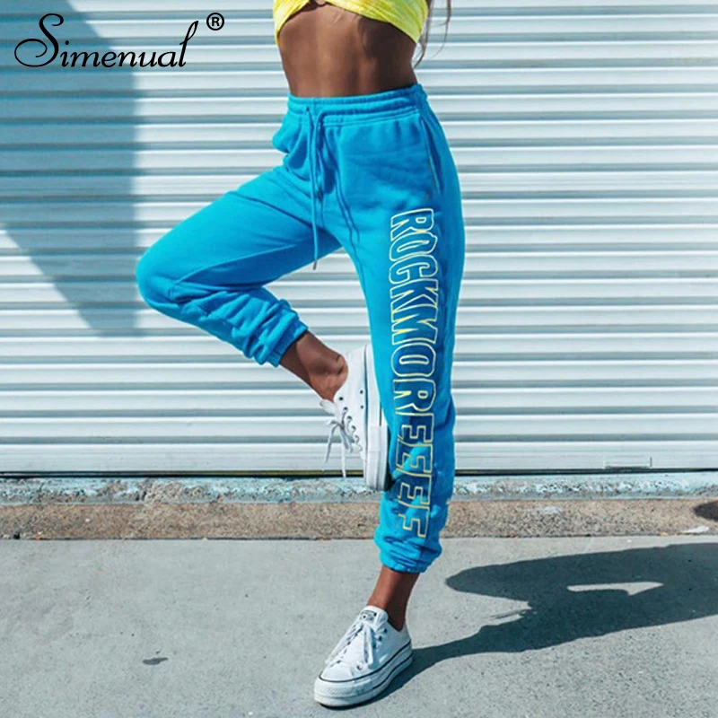

Simenual Letter Print Blue Casual Pants for Women High Waist Sporty Long Trousers Streetwear Loose harajuku harem pants Fashion