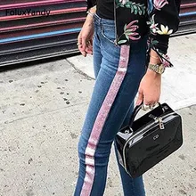 Pink Striped Jeans Women Mid Waist Casual Stretched Skinny Pencil Pants Slim Jeans TSS136 Pink Striped Jeans Women Mid Waist Casual Stretched Skinny Pencil Pants Slim Jeans TSS136