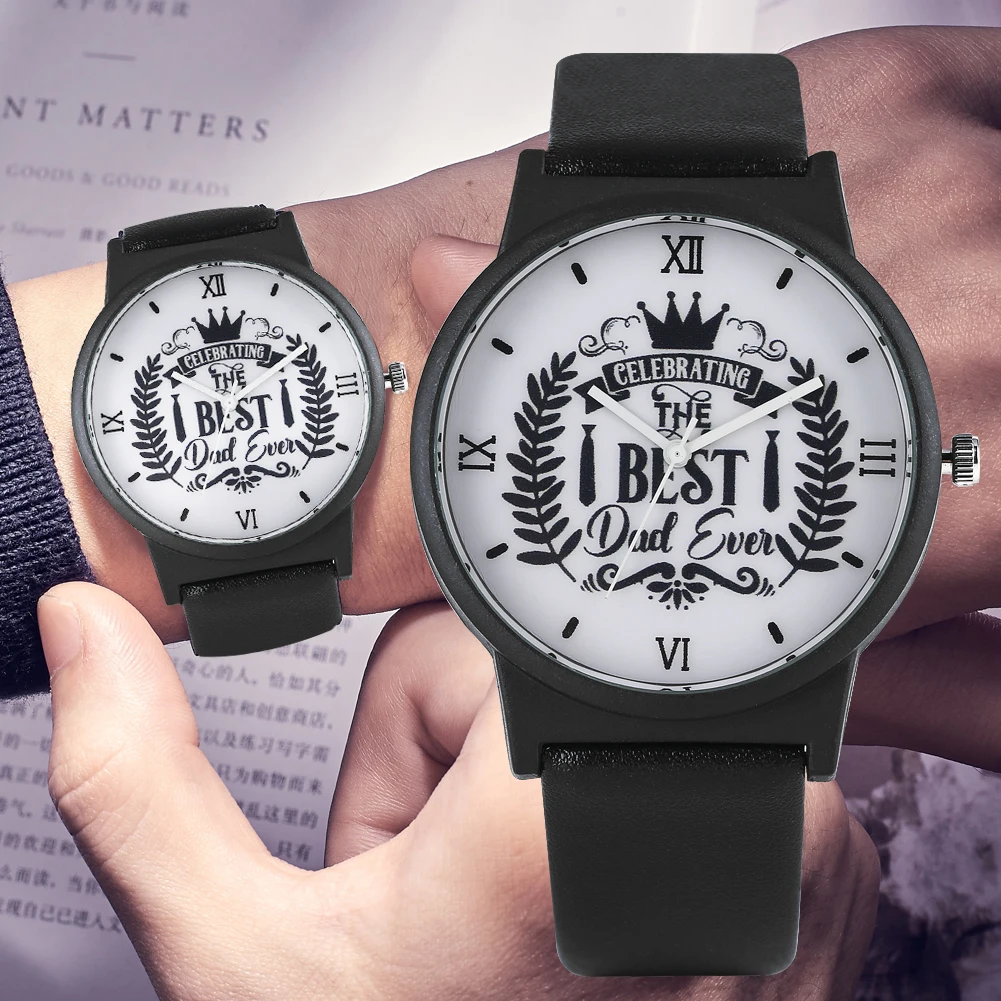 

Elegant Quartz Analog Watch for Male The Best Dad Ever Series Quartz Watches for Men Premium Black Leather Band Wristwatch