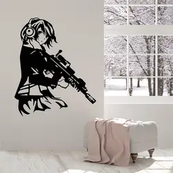 Прохладный аниме девушка с пистолетом наушники виниловые наклейки на стены Домашний Декор Гостиная Книги по искусству росписи Наклейки на
