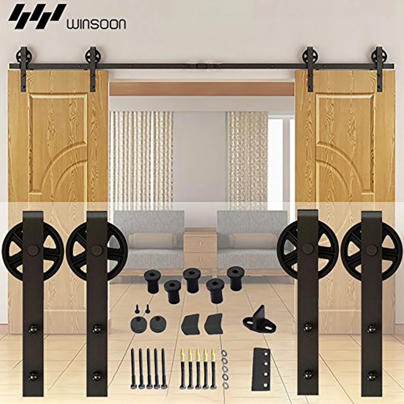 Image 13FT Indoor Big Wheel Antique Black Roller Track Barn Wood Sliding Door Hardware Steel Rail Set Fit Double Door