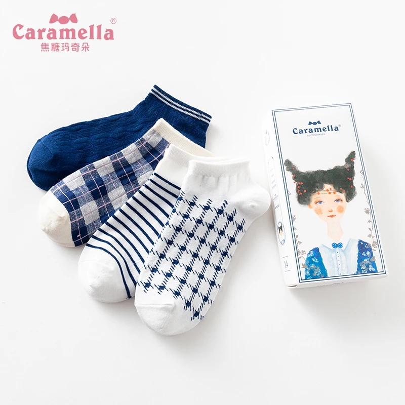 Caramella, 4 пар/лот,,, Летние повседневные женские носки, Новые короткие носки, модные, дизайнерские, в клетку, темно-синие, в клетку, хлопковые носки