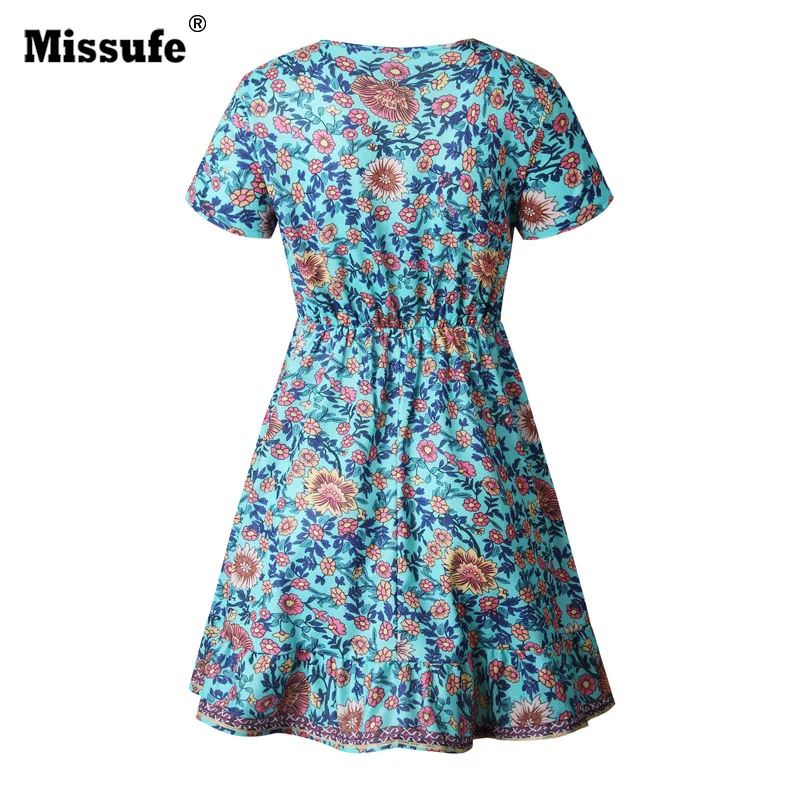 Missufe мини платье с цветочным принтом Для женщин V шеи пляжное Boho Кнопка Vestidos