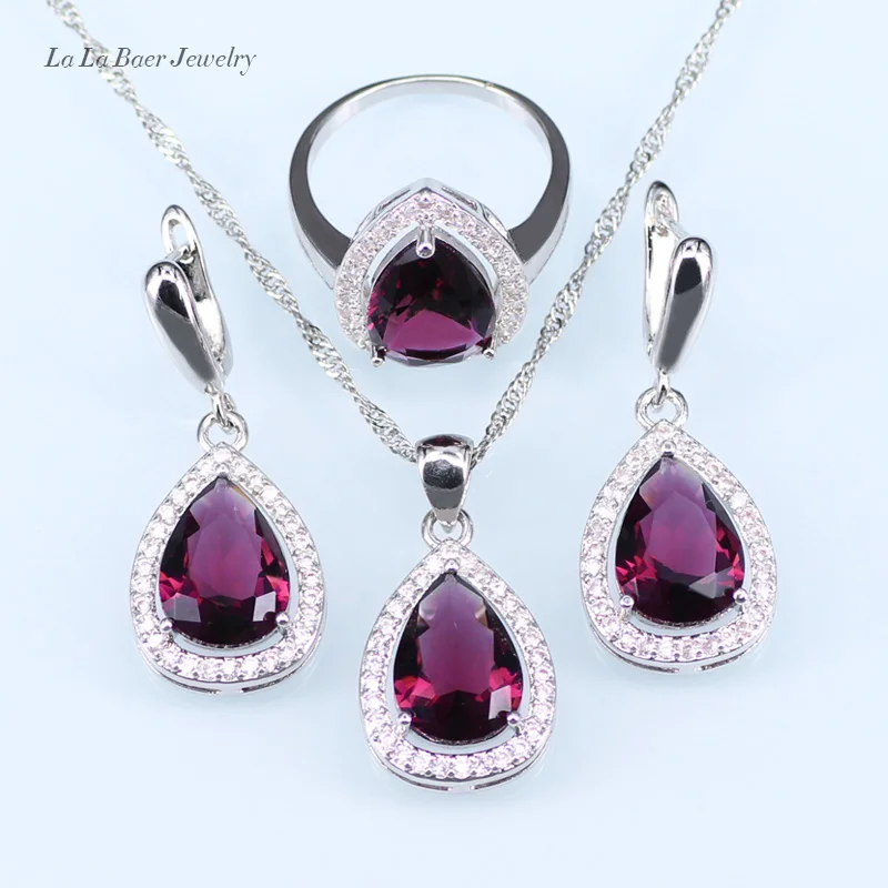 

L&B Purple Crystal White Zircon Drop Silver color Jewelry Sets For Women Necklace/Pendant/Earrings/Ring