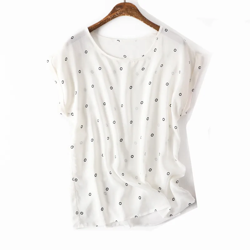

Women Summer Silk Blouse O neck short sleeve office wear casual natural silk blouses Dots print real silk shirt tops
