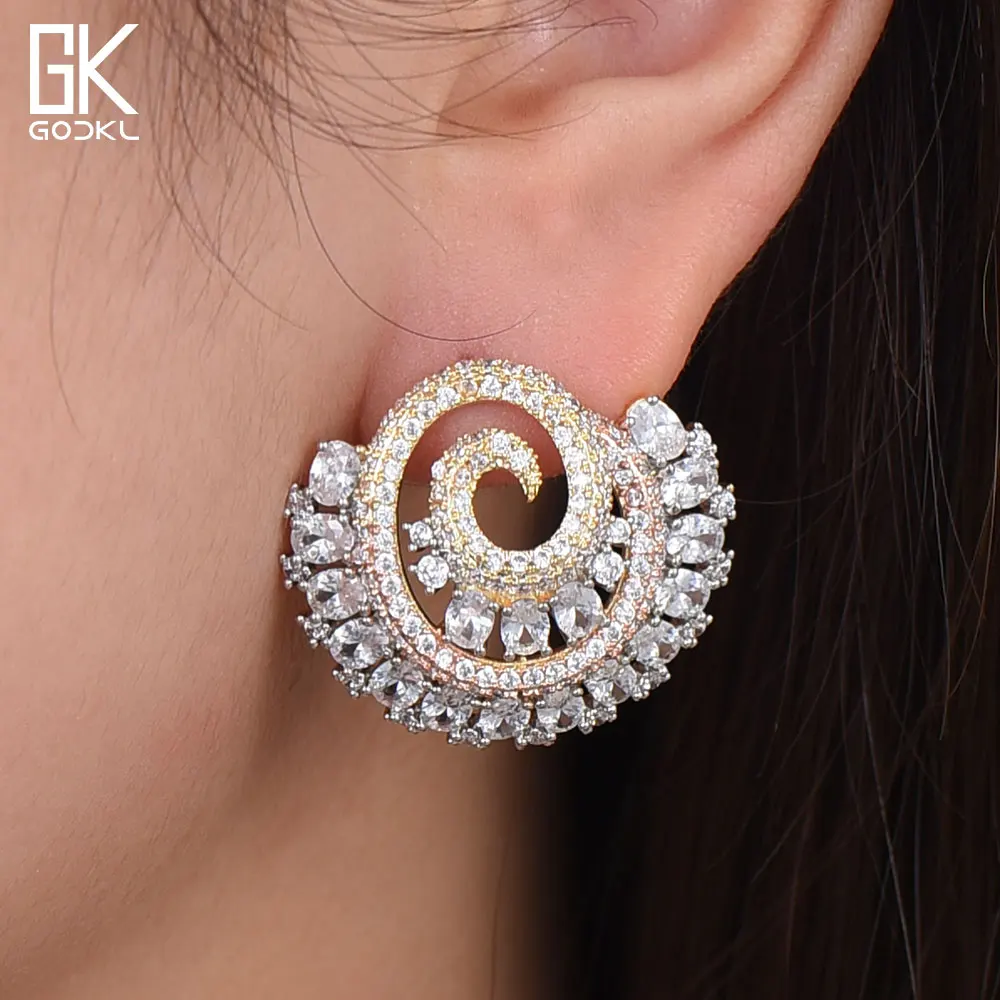 

GODKI Trendy Korean Snails Elegant Stud Earrings For Women Wedding Cubic Zircon Crystal Fashion Bridal Silver Stud Earrings 2018