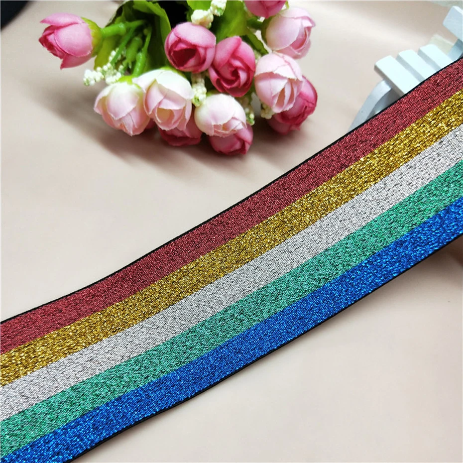 50 Ярдов Блестящий Радужный цветной глиттер широкая эластичная лента 55 мм ширина декоративная цветная эластичная лента для шитья ручной работы