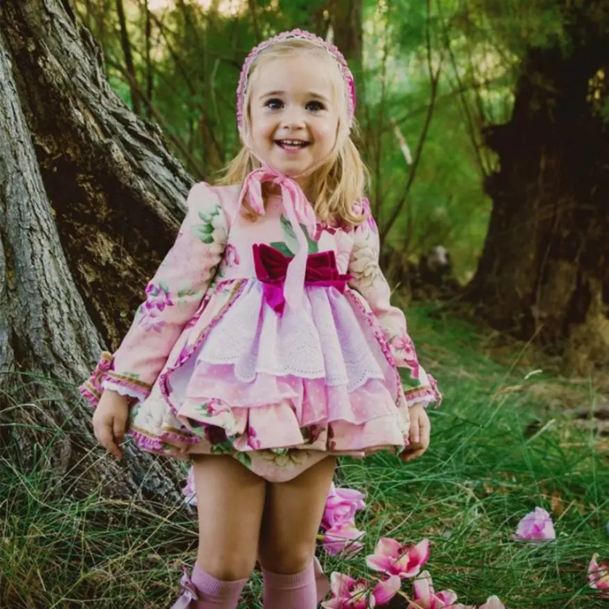 

2019 Kids Boutique Floral Dress for Girls Children Spanish Palace Long Sleeve Gown Baby Birthday Cute Dress kids Clothes Y1376