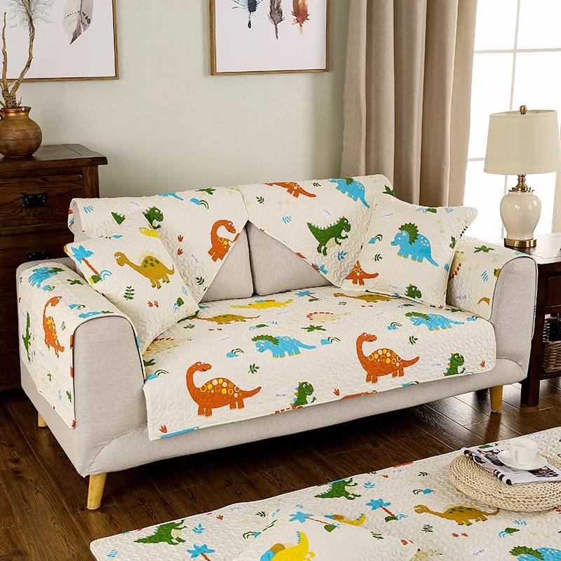 

New Korean Cotton combination fabric sofa cushion Non-slip Custom leather sofa towel Dinosaur pattern Breathable Sofa cover