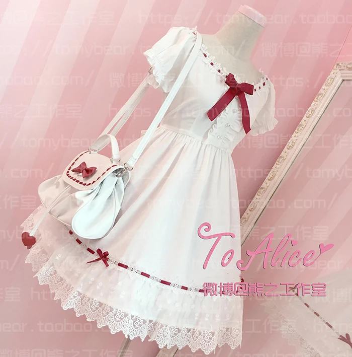 Super Cute Girls White Lace Dress Red Ribbon Big Bow Short Sleeve