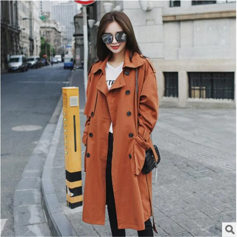 Tranchée Solide Double Automne Rue Nouveau Baseball Orange Longue Couleur Manteau Femmes Breasted Manteaux Lâche Femelle Mode Casual HnIHw8Wqf