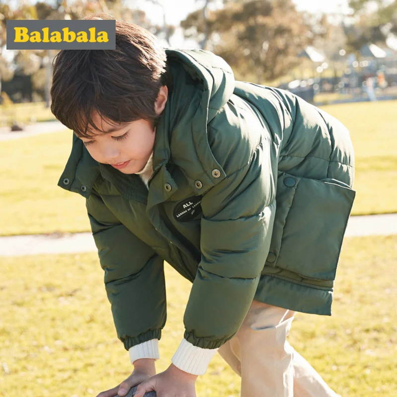 

Balabala Boy Long Puffer Jacket with Detachable Hood Teenage Boy Hooded Padded Jacket with Button Pocket Zip and Snap Closure