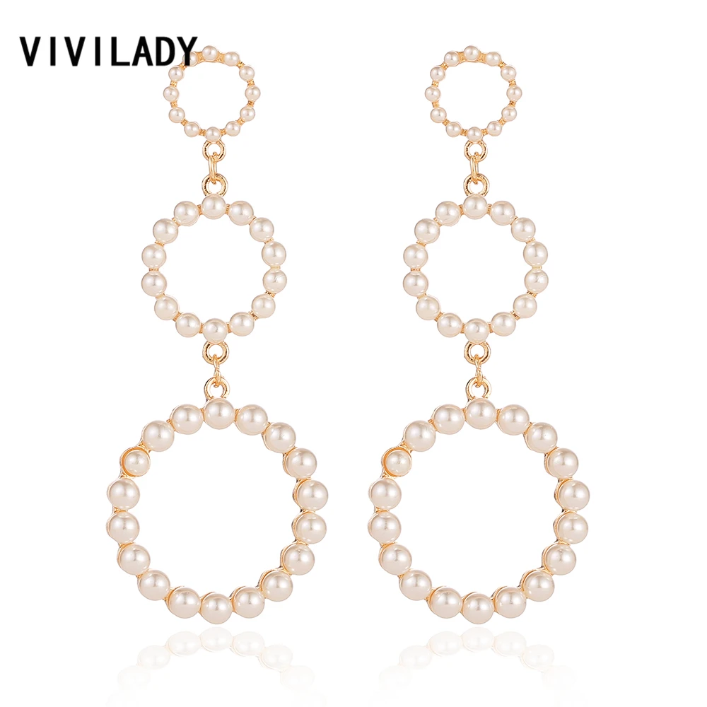 

VIVILADY Bohemia Simulated Pearl Dangle Drop Earrings Women Gold Color Round Circle Brincos Statement Mother Jewelry Party Gift