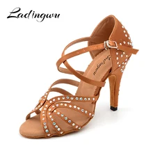 Ladingwu/блестящие стразы; обувь для латинских танцев; Женская атласная коричневая обувь для сальсы; Свадебная обувь для бальных танцев; женская обувь на высоком каблуке 10 см