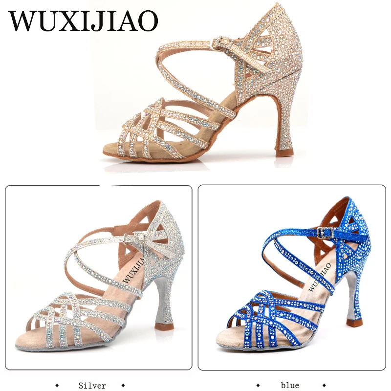 Dance Shoes WUXIJIAO Gold silver Rhinestone Latin Dance Shoes Women Salas Ballroom Shoes Pearl High Heel 9cm Waltz Software