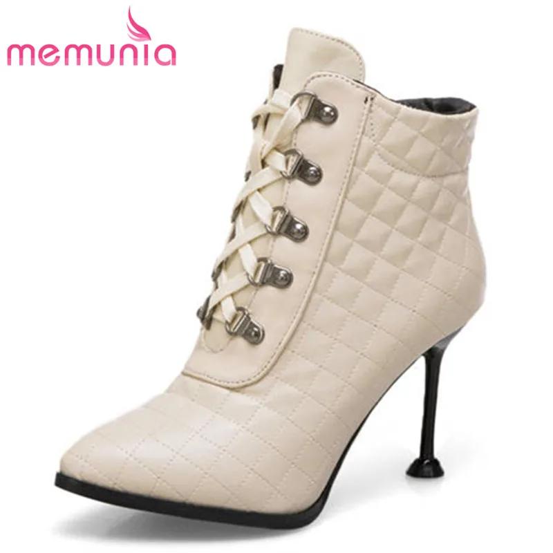 

MEMUNIA 2018 hot sale boots women pointed toe lace up fashion shoes woman short plush autumn winter ankle boots high heels shoes