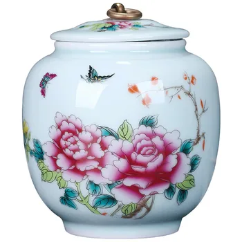

Chinese Ceramic Peony Flower Big Tea Caddy Box Porcelain Sealed Kung Fu Tea bottles & jars Storage Canister Decorative Vase