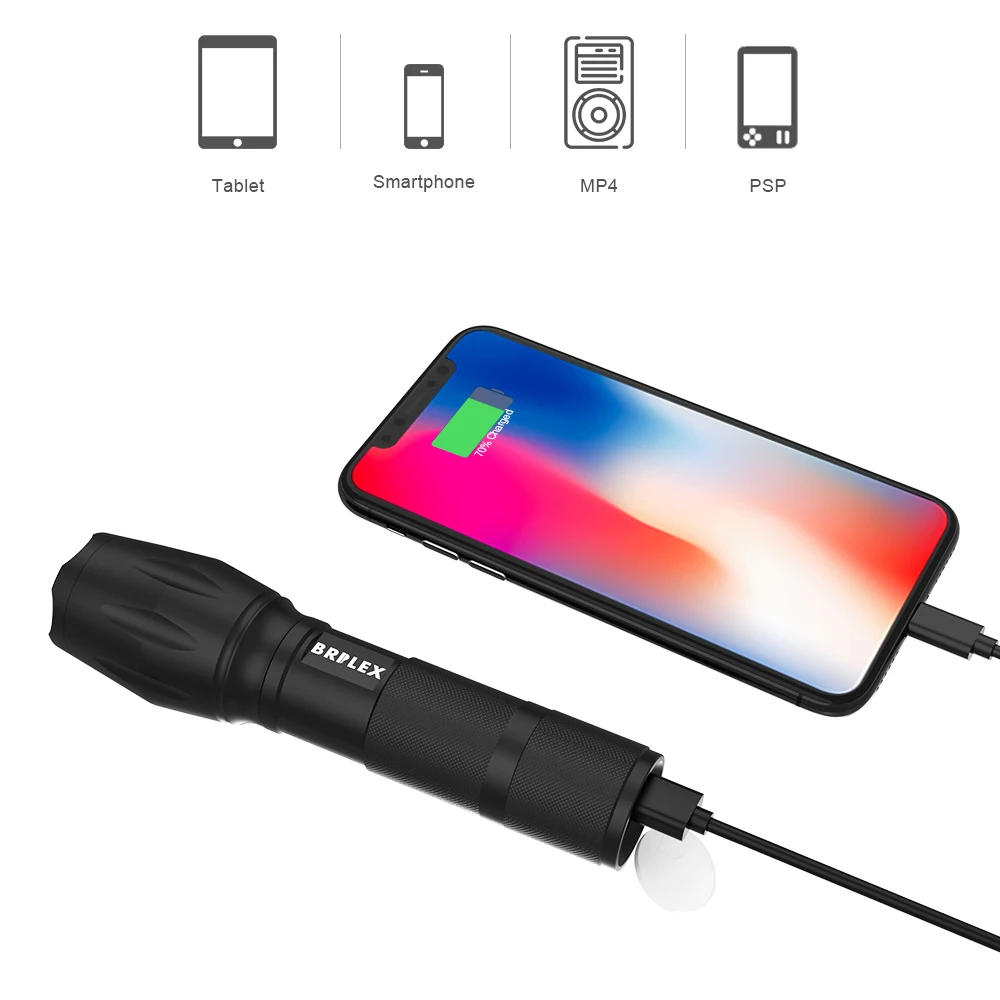 BRILEX Фонарик светодиодный тактический фонарь ультра яркий T6 для кемпинга 18650