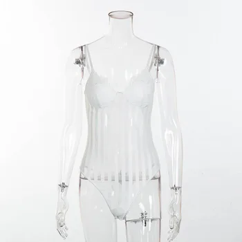 Cryptographic Sexy spaghetti strap mesh lace bodysuit women stripe patchwork jumpsuit transparent 2018 new catsuit body feminino 6