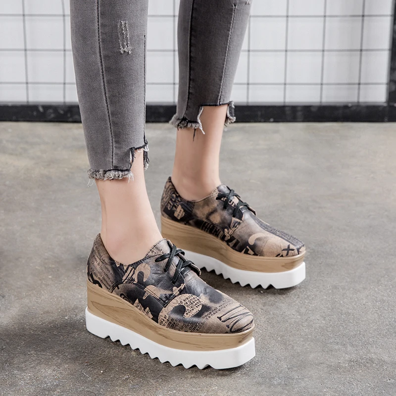 

Women lace up Wedges Sneakers prints square toe Oxford fashion Platform Slides Leisure Height Increasing shoes casual loafers