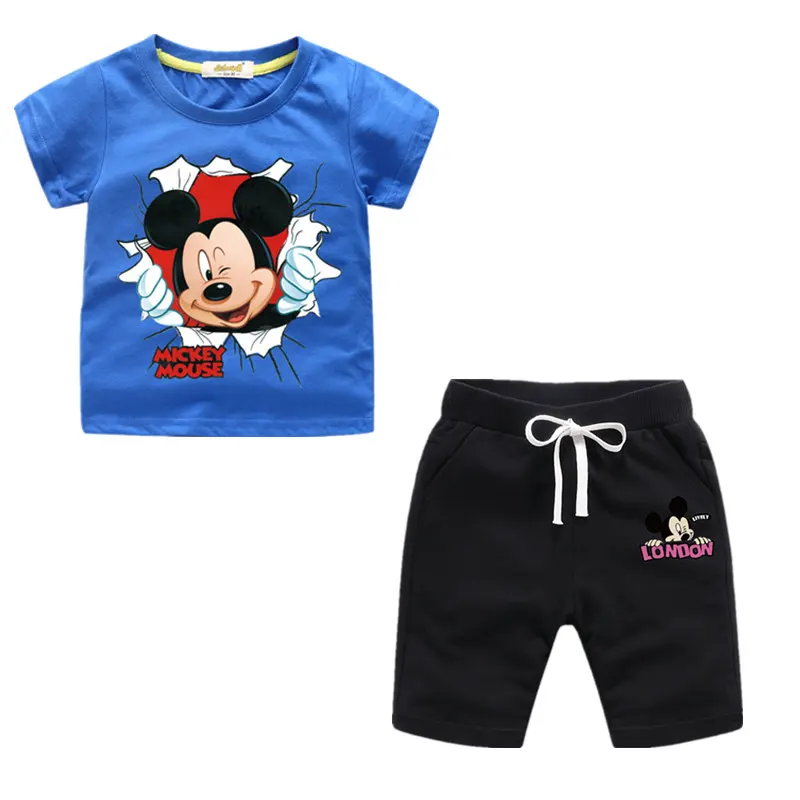 Летняя детская одежда хлопковая футболка с короткими рукавами и рисунком Микки Мауса топ+ шорты для отдыха комплект из 2 предметов, комплекты одежды для мальчиков и девочек, От 2 до 8 лет