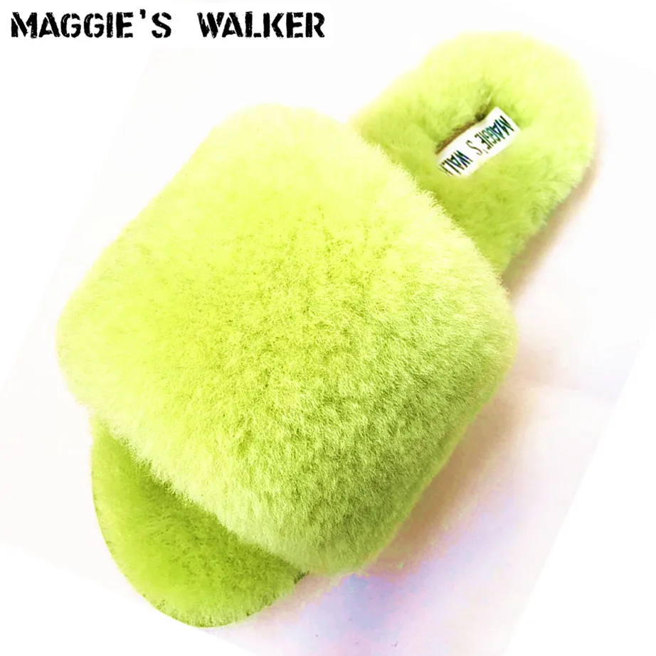 

Maggie's Walker Women Fashion Sheep Fur Slippers Candy-Colored Flat-heeled Thick Wool Winter and Autumn Slippers Size 35~40