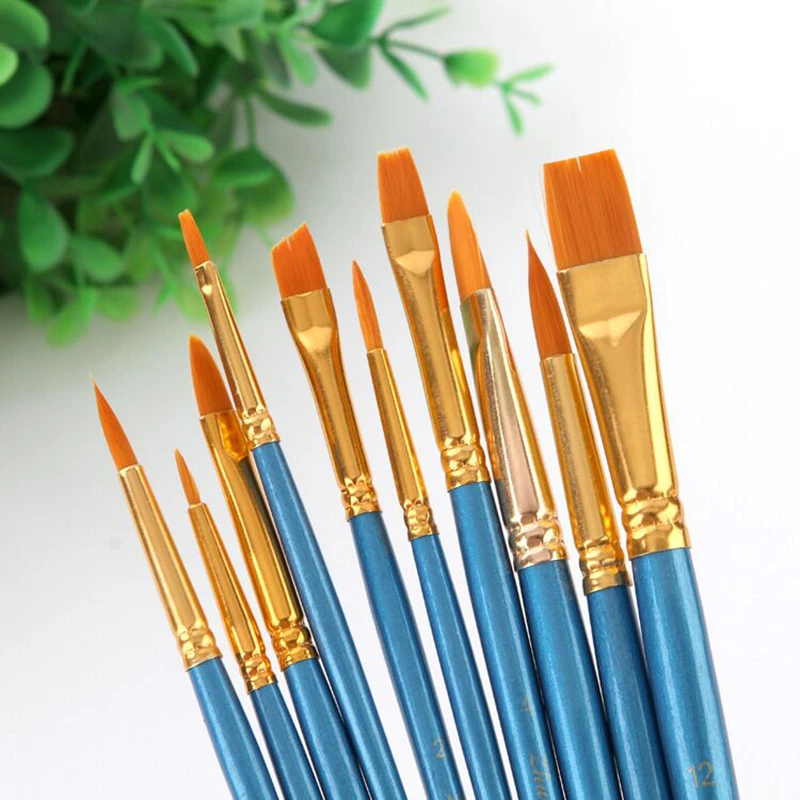 

YDNZC 10Pcs/Set Watercolor Gouache Paint Brushes Different Shape Round Pointed Tip Nylon Hair Painting Brush Set Art Supplies
