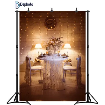 

DePhoto Brick wall Light Bulb Table flower Dinner Night indoor Scenic Photo Backgrounds Photography Backdrops For Photo Studio