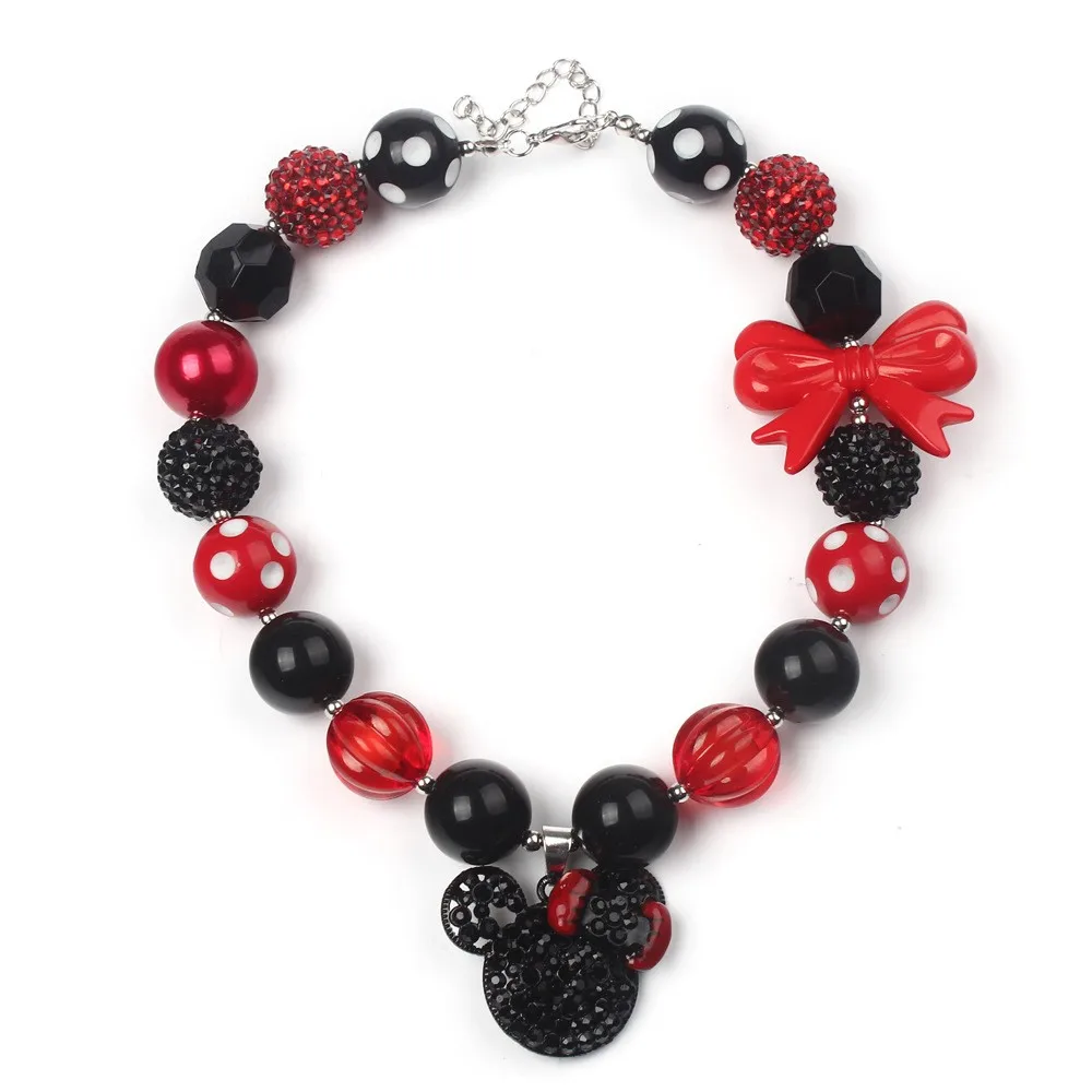 

2018 New Fashion Girls Strand Beads Necklace Bowknot Alloy Mickey Pendant Chunky Bubblegum Necklace Baby Children Gift Accessory