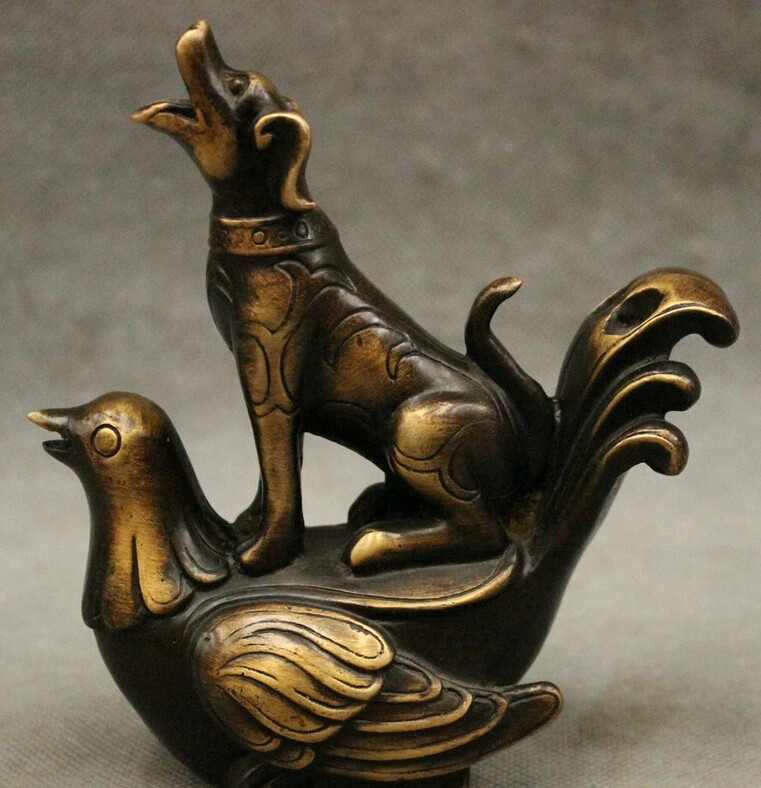 

S2311 FengShui Chinese Bronze Auspicious Animals Zodiac Dog Ride Cock Chook Statue D0317