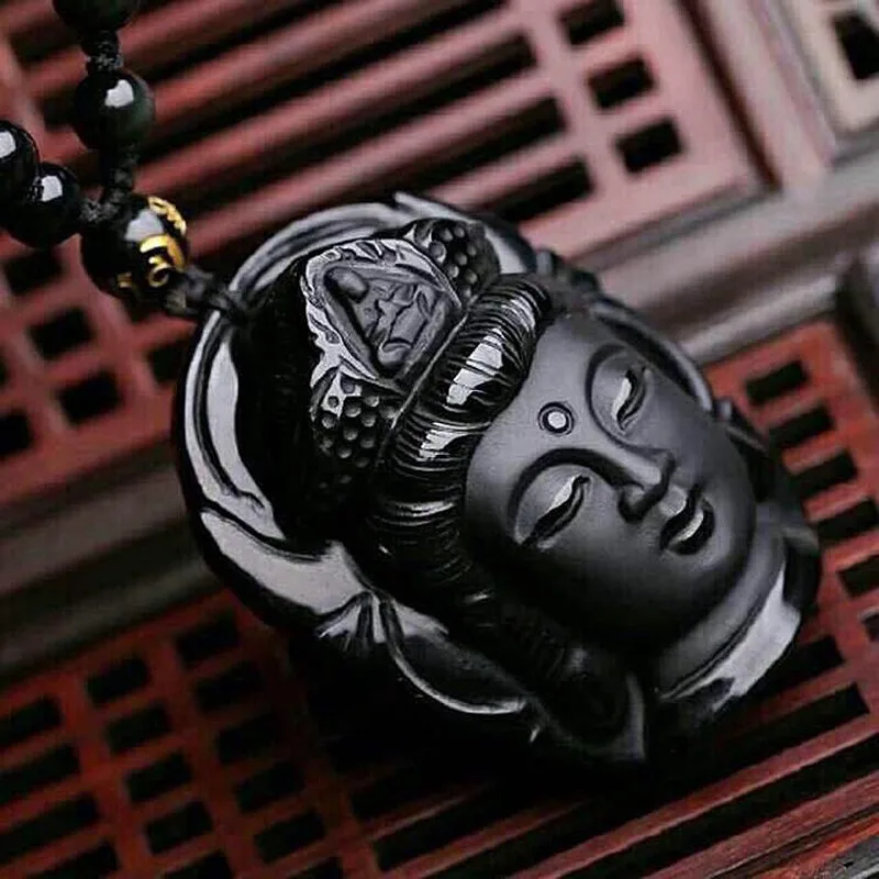 KYSZDL бусина занавес натуральный обсидиан скраб кулон черный Гуаньинь голова Подвески трансплантированная голова Будды