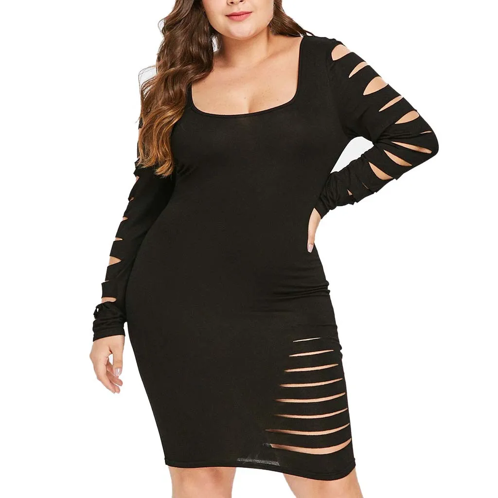 

Women's Long Sleeve Hole Ladder Cut Out Sleeve Plus Size Ripped Dress plus size lace dress woman big size dresses fashion #8