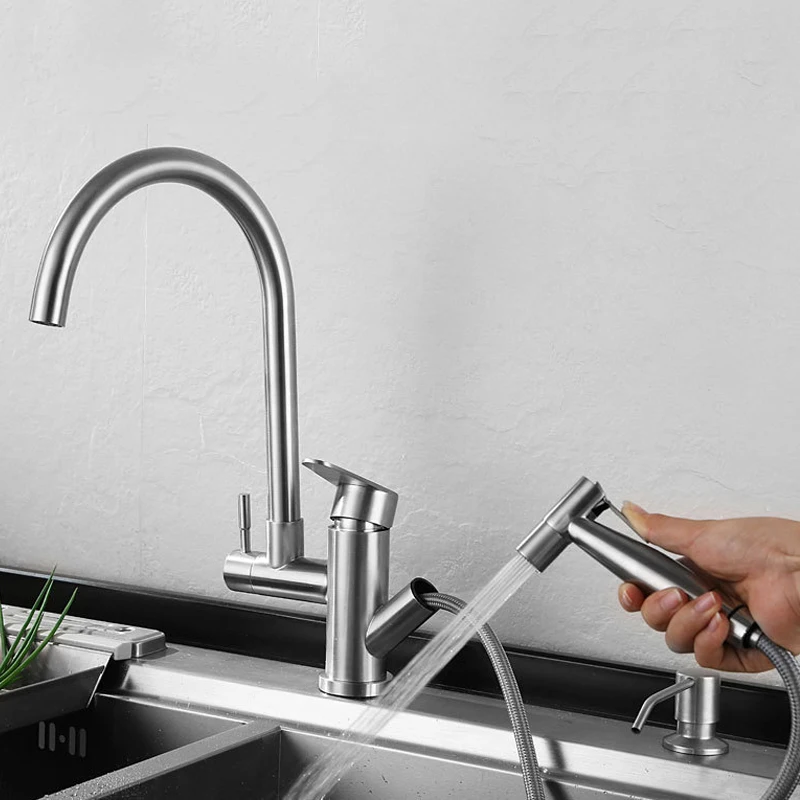 Torneira da Cozinha Cabeça de Aço Quente e Fria da Torneira Spray de Arma Pull Spray Inoxidável Bica Giratória Vanity Sink Mixer Tap Deck Montado Água Out