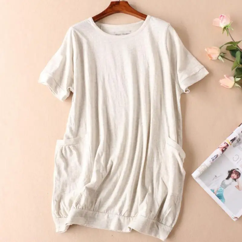 

Summer loose cotton hemp grey medium-long double pocket short sleeve T-shirt for women in foreign trade