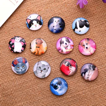 

100Pcs Wholesale Mixed Cat Dog Patterns Round Glass Cameos Cabochons Dome Seals Crafts Findings 14mm