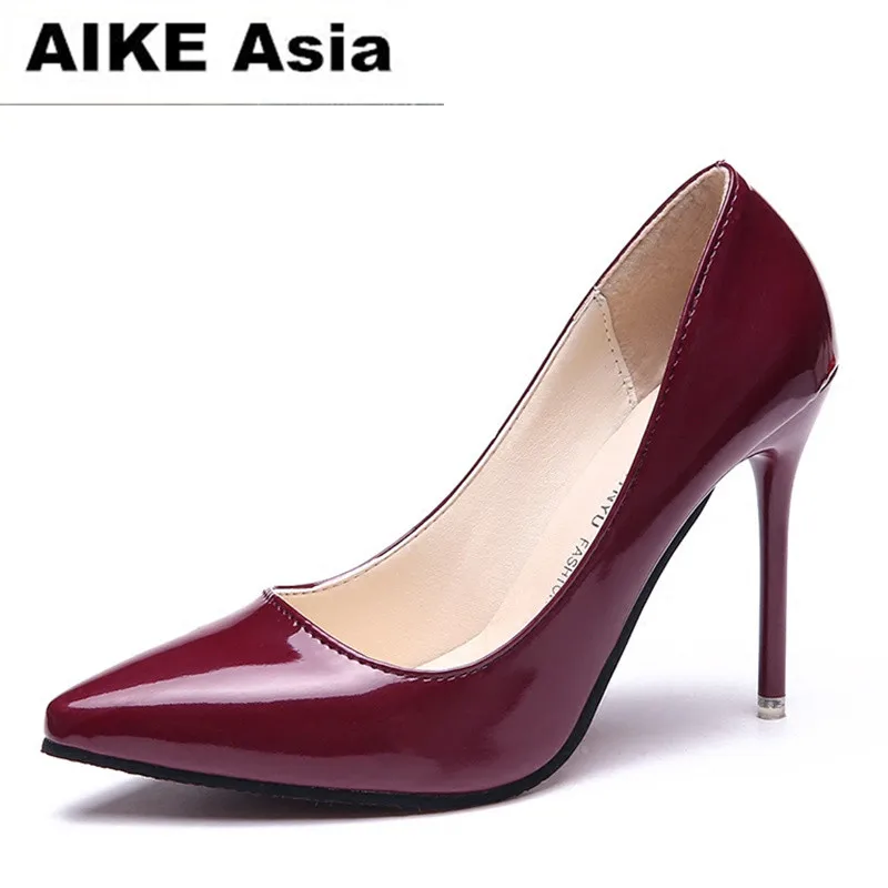 2018 Hot Women Shoes Pointed Toe Pumps Patent Leather Dress High Heels Boat Wedding Zapatos Mujer Blue Wine Red Lady Blue
