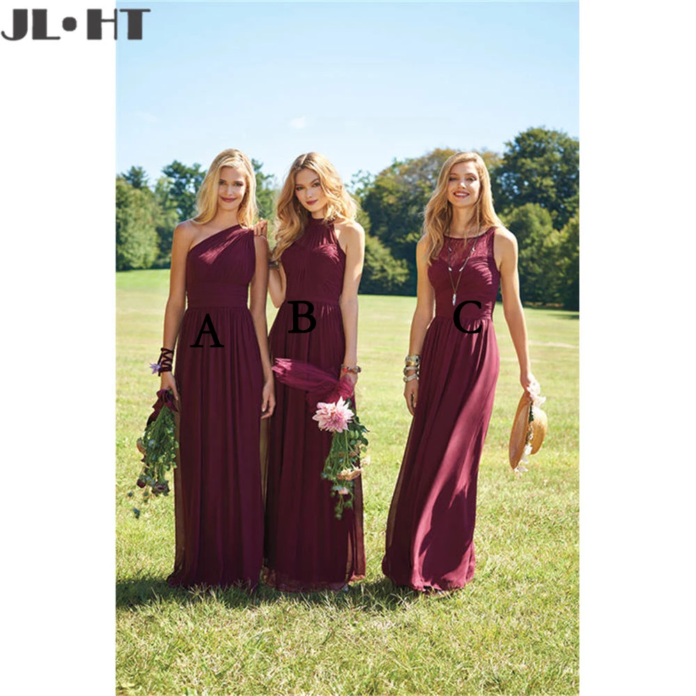 

Simple Wine Red In Stock Bridesmaids Dresses A-Line Long Mismatched Chiffon Maid of Honors Bridesmaids Dress Plus Size