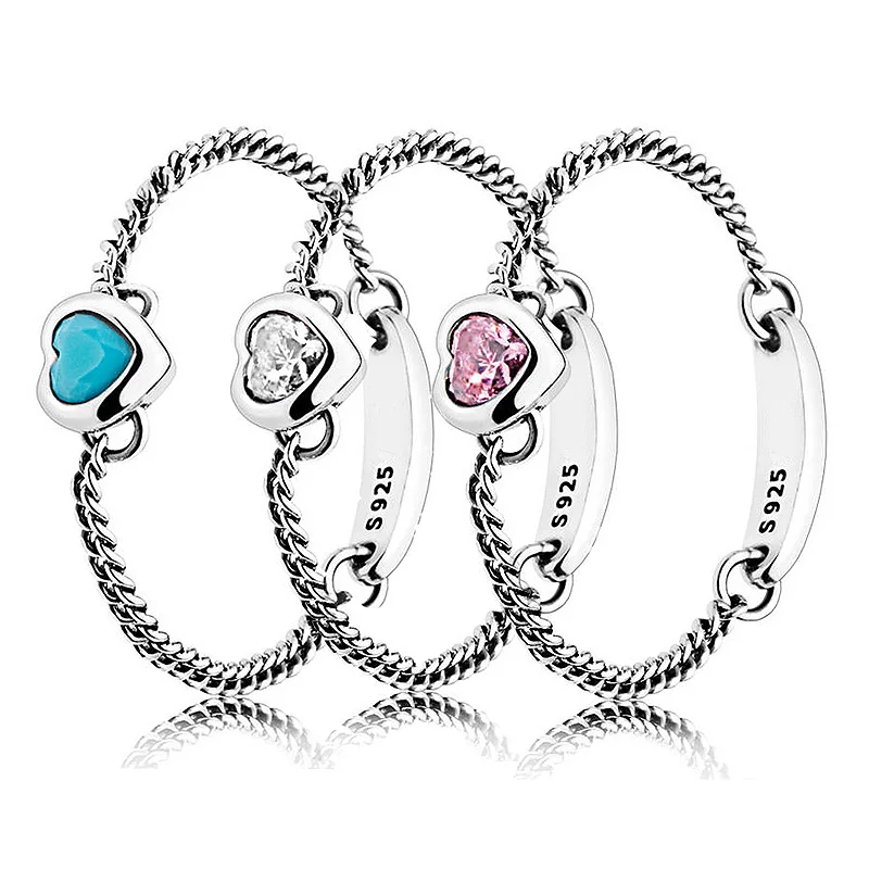 

Pink&blue&clear Spirited Heart Rings Authentic 925 Sterling Silver Ring For Women Wedding Party Gift Fine Europe Jewelry