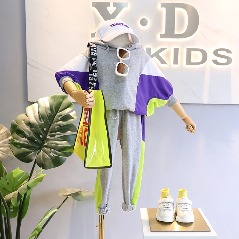 

Children's wear 2019 summer new girls small casual casual hit color hooded sweater sports pants two-piece suit