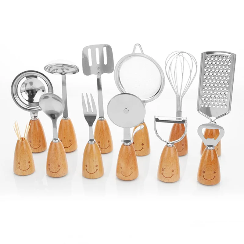 12 Pcs RestauKitchen Utensil Sets Wooden Handle Stainless Steel Cooking