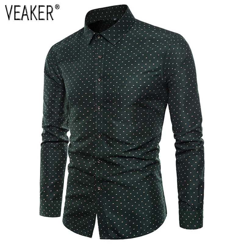 2019 Autumn New Men's Slim Fit Printed Shirt dark green Spot Dot Print Male Long Sleeve Plus Size M-5XL | Мужская одежда